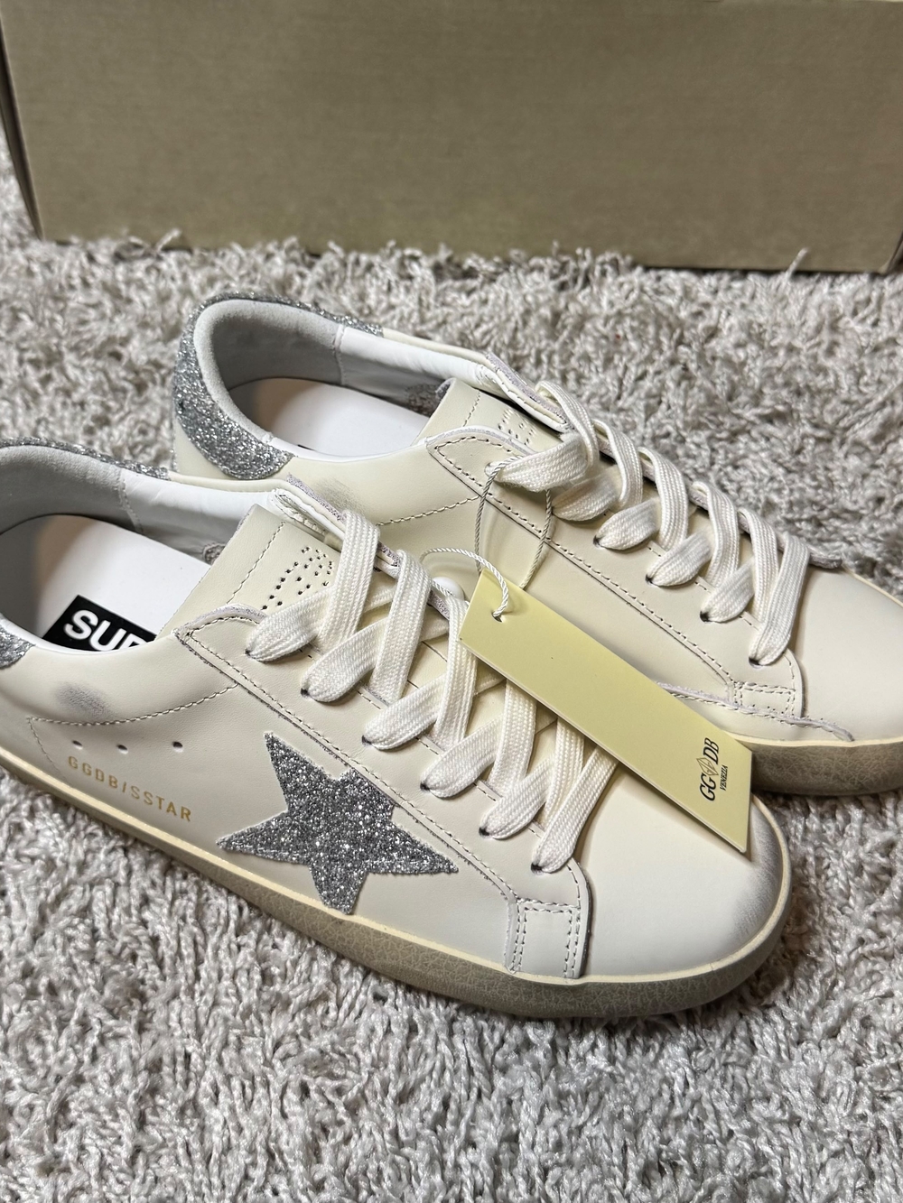 Golden Goose Superstar Sneakers Size 36 Cream Silver Glitter Star